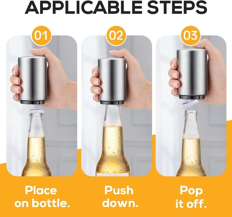 Swaytail 2PCS Premium Beer Bottle Opener, Automatic Stainless Steel Quick Pop the Top Can Openers by Magnet Catching No Damage Caps, Wine Accessory Push Down Off Magnetic Bartender Tool for Home Picnic Camping - Image 3